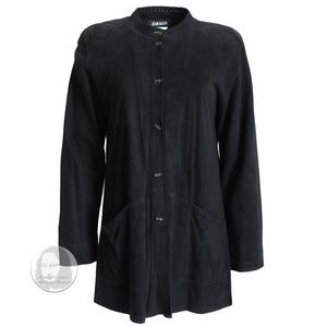 Jean Muir Black Suede Jacket with Perforated Trim and Lucite Buttons Vintage Sz8